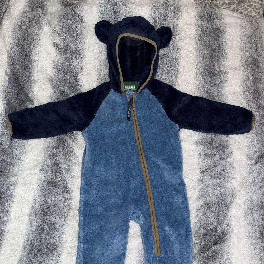 L.L. Bean Blue and Navy Plush Bear Hooded One-Piece Footie